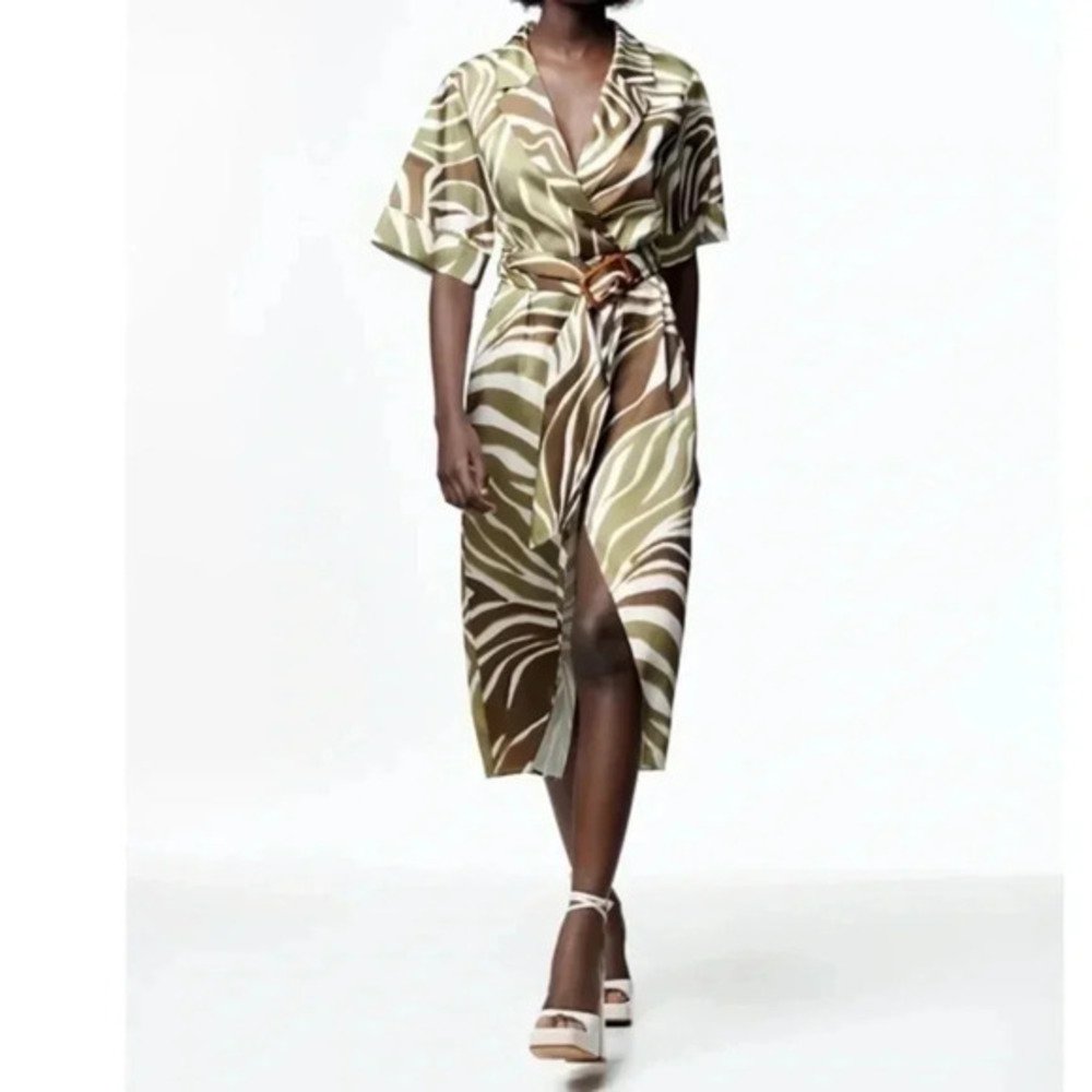 New Zara Animal Print Midi Shirt Dress